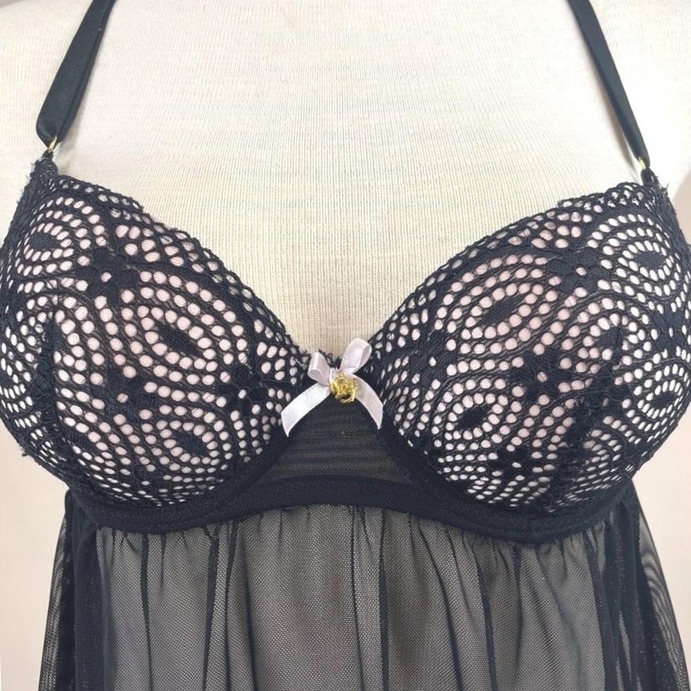 DAISY FUENTES Black (M) Push Up Babydoll Racerback Crochet Y2K Festival Lingerie - Picture 3 of 7